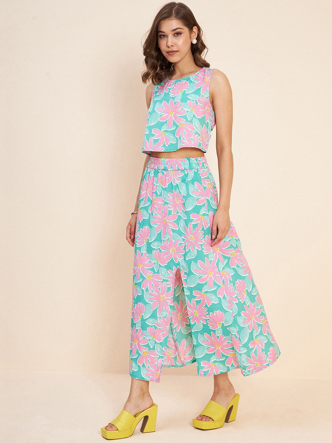 Antheaa Floral Printed Crop Top & Midi Skirt