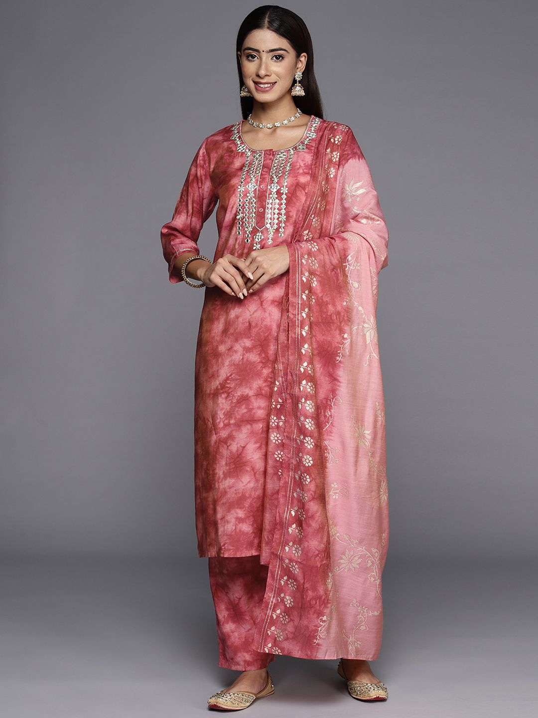 Libas Women Printed Regular Mirror Work Kurta with Trousers & With Dupatta