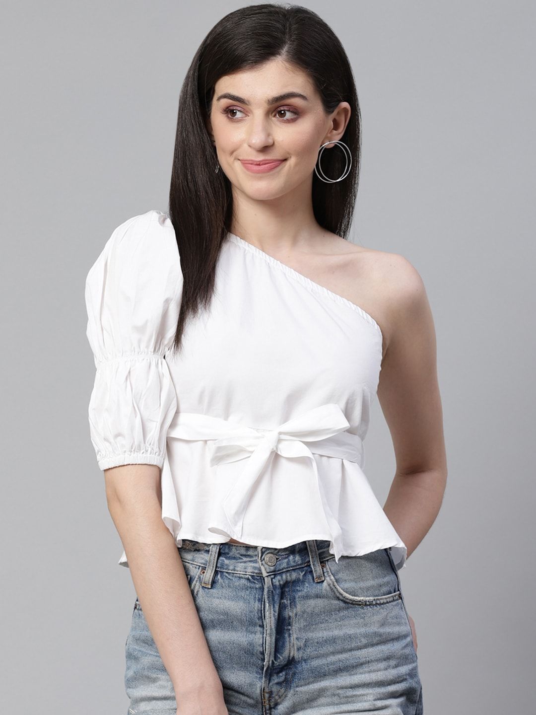 STREET 9 White One Shoulder Cinched Waist Pure Cotton Top