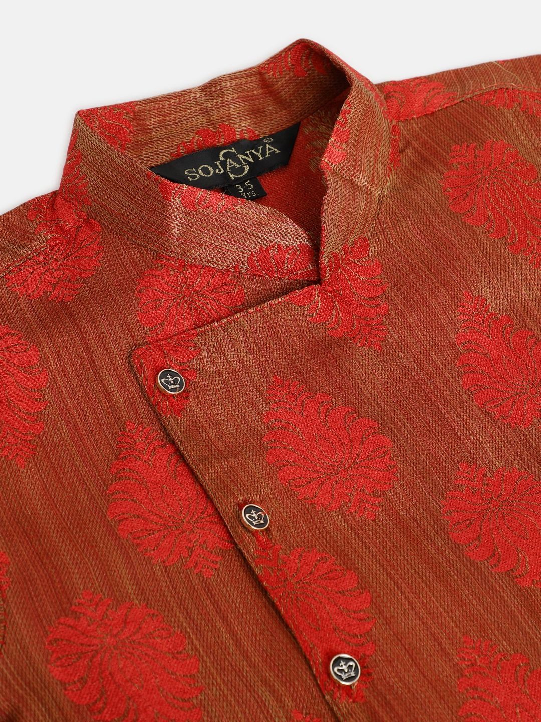 SOJANYA Lelaki Karat Coklat & Merah Rekaan Tenunan Kolar Mandarin Jacquard Kurta Lurus
