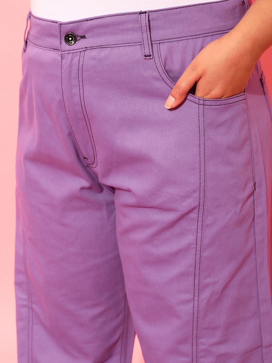 CURVY STREET Women Plus Size Lavender Relaxed Straight Leg Pure Cotton Trousers
