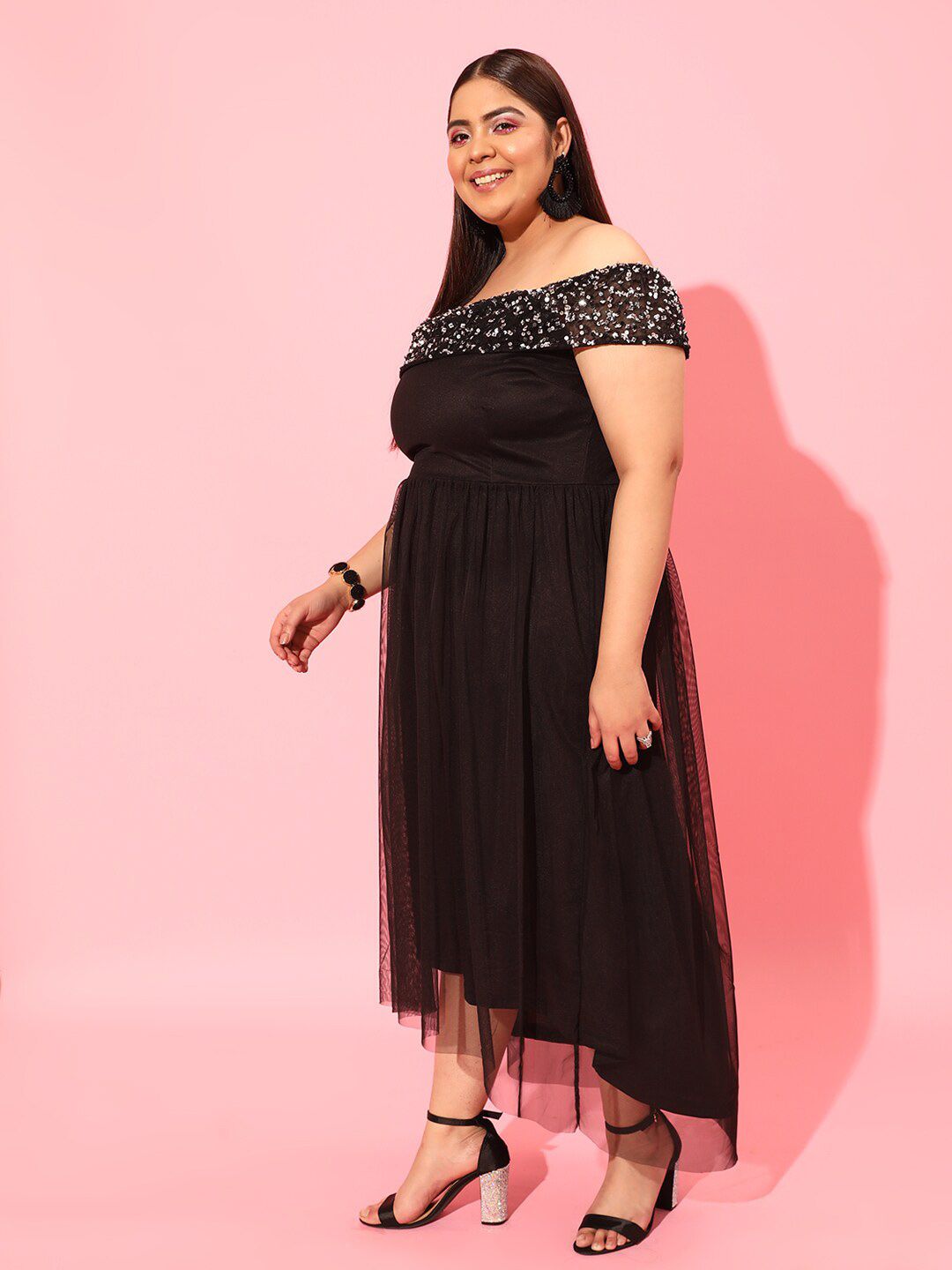 CURVY STREET Black Plus Size Off-Shoulder Net Maxi Dress