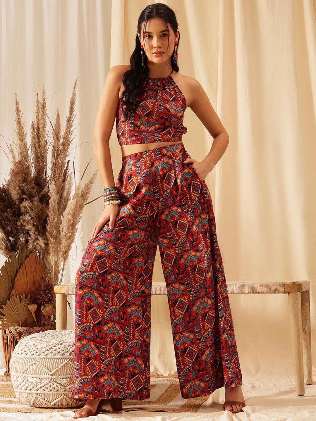 QUIERO Printed Shoulder Strap Top With Palazzo Co-Ords
