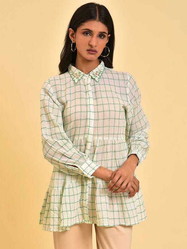 W White Checked Pure Cotton Shirt Style Top