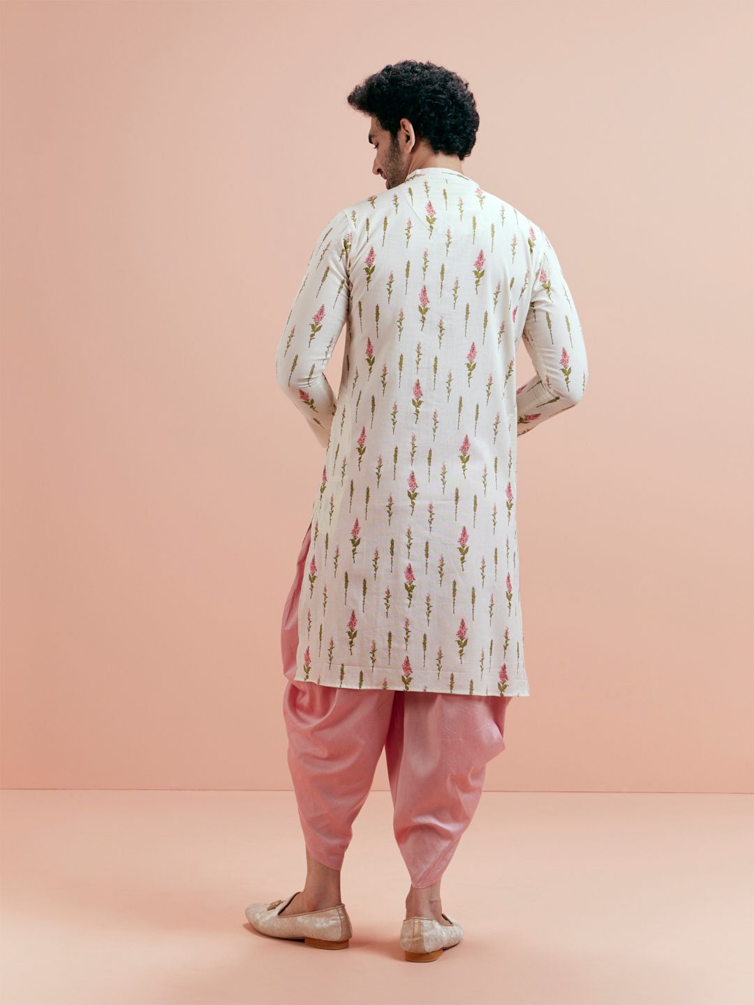 KISAH Men Cream-Coloured & Pink Floral Kurta