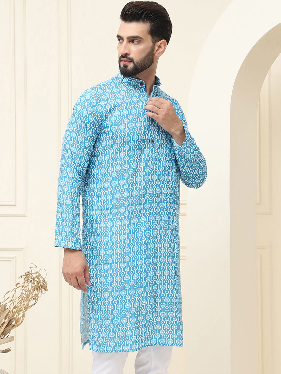 SOJANYA Band Collar Geometric Printed Pure Cotton Straight Work Kurta