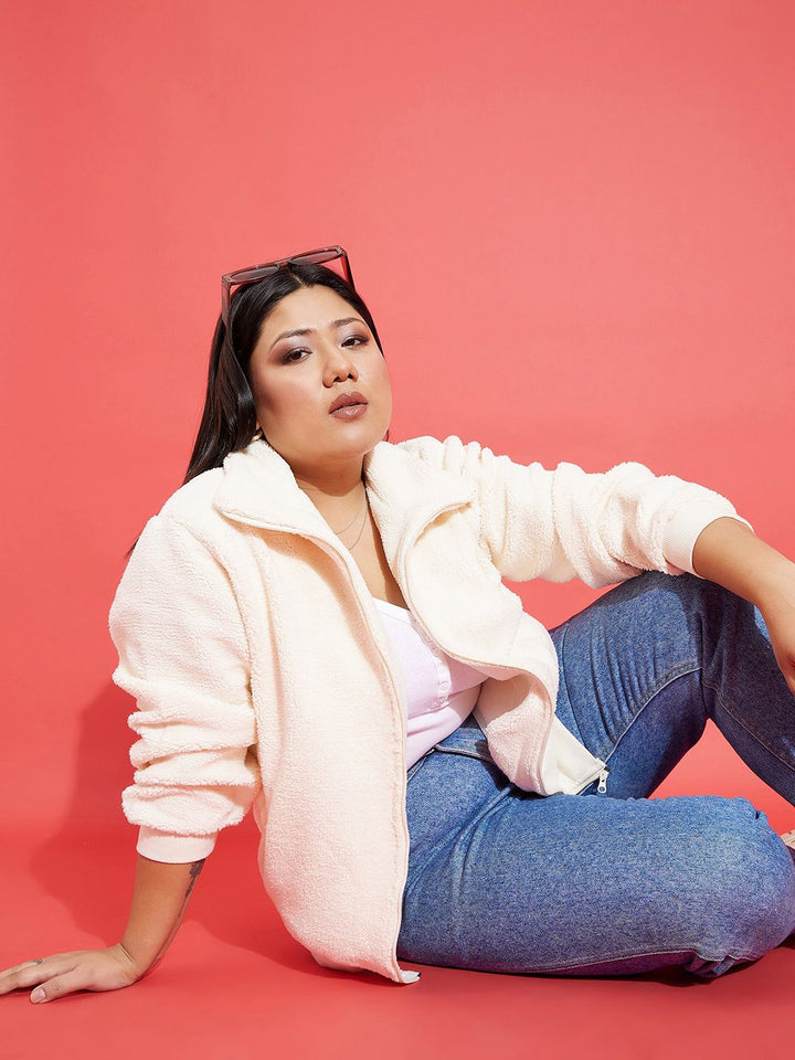 SASSAFRAS Curve Plus Size White Self Design Mock Collar Bomber Jacket
