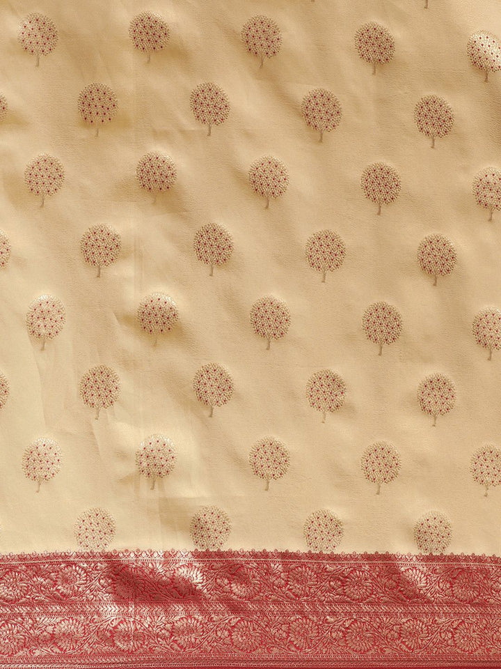 Saree mall Beige & Red Floral Silk Blend Banarasi Sarees