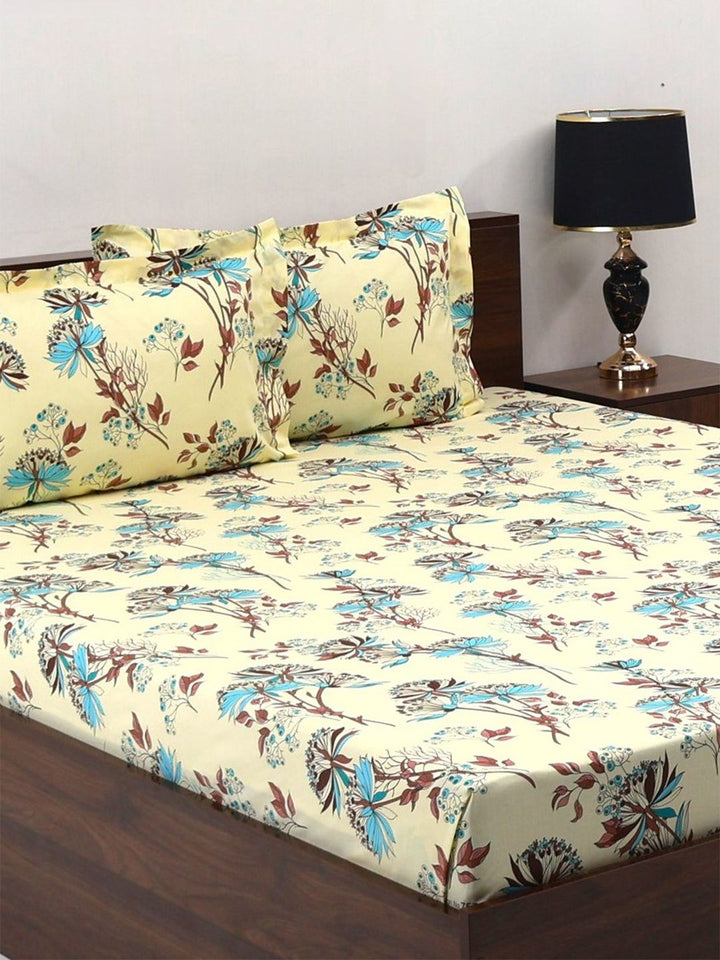 BOMBAY DYEING Cream-Coloured Floral Cotton 140 TC Double Queen Bedsheet Set-2.28 m X 2.54 m