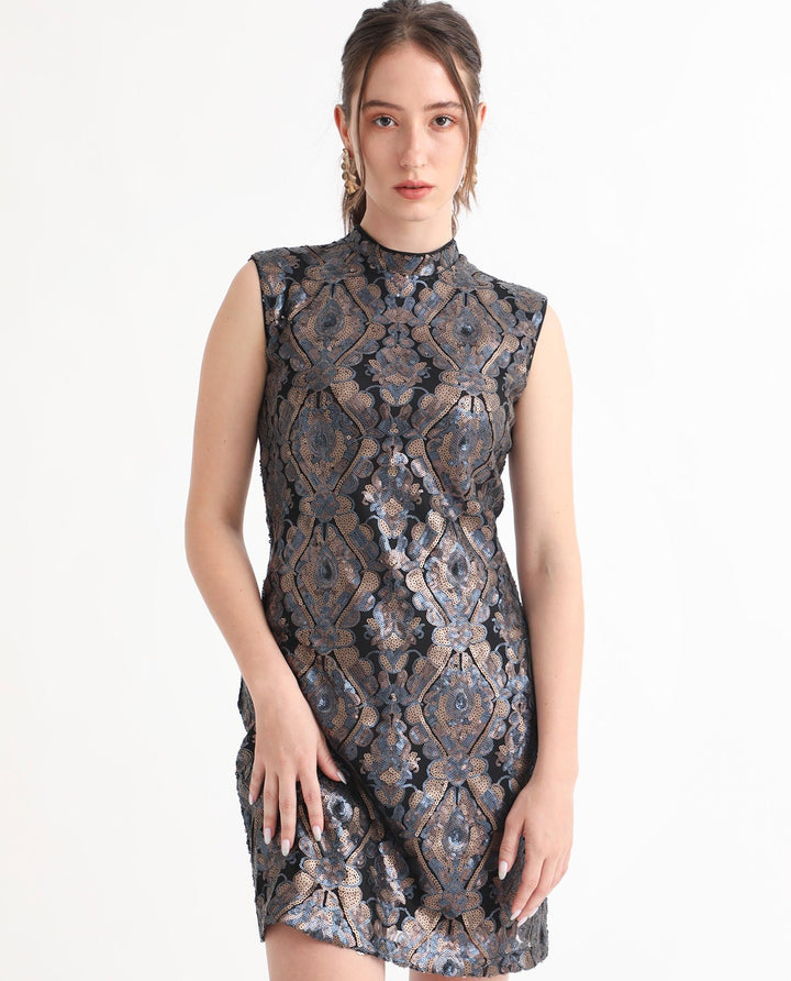 RAREISM High Neck Sleeveless Sequin Embellished Sheath Above Knee Dress