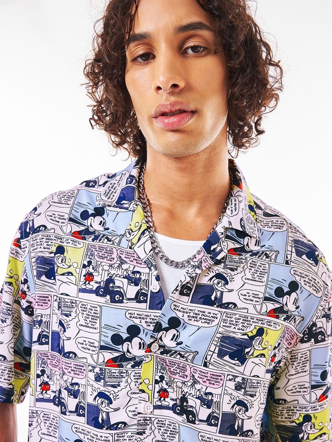 Bewakoof Mickey Mouse Graphic Printed Cuban Collar Oversized Shirt