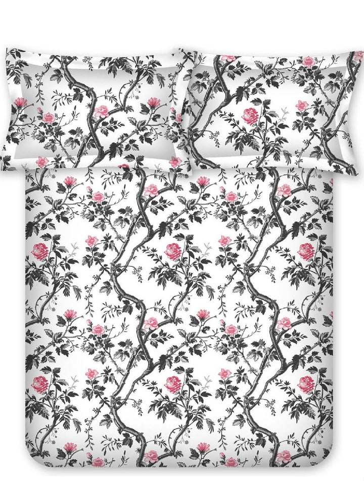 BOMBAY DYEING Allure Grey Floral Cotton 144 TC Fitted Bedsheet Set-1.52 mX1.98 mX30 cm