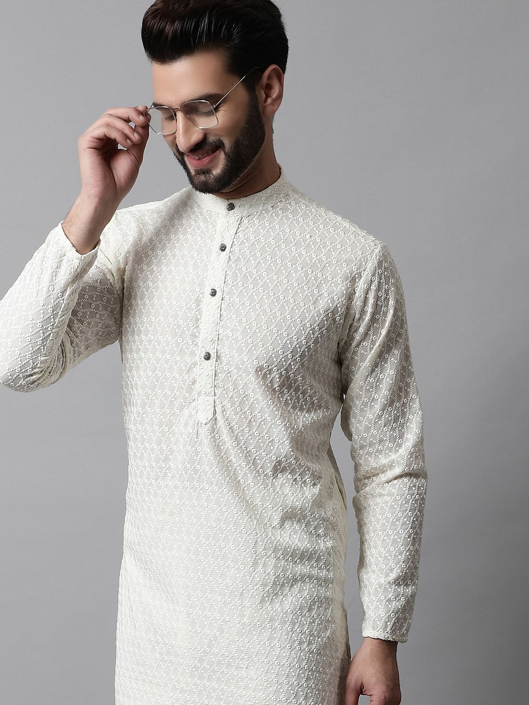 Jompers Men Cream-Coloured Geometric Thread Work Kurta