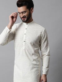 Jompers Men Cream-Coloured Geometric Thread Work Kurta