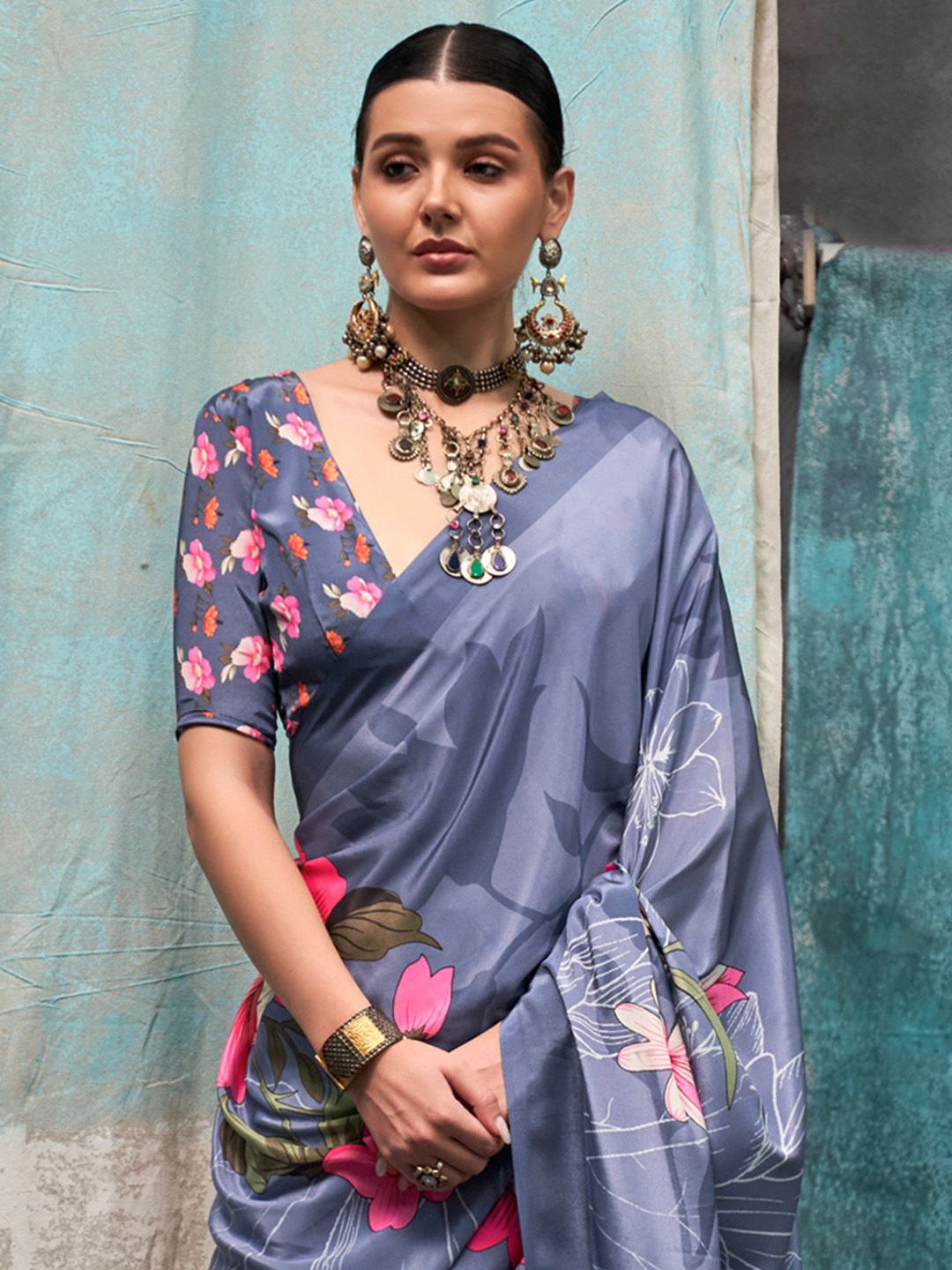 Saree mall Floral Poly Crepe Bagru Sarees