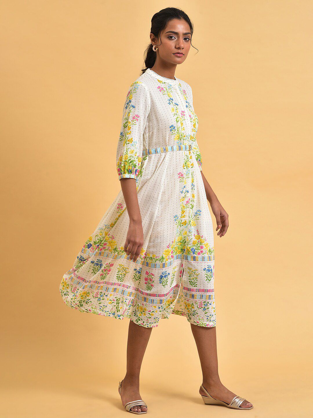 W Plus Size Floral Printed Shirt Style Midi Ethnic Dress