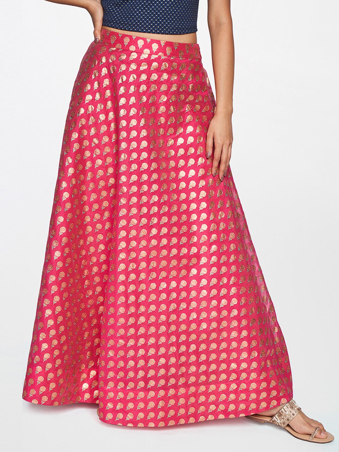 Global Desi Women Fuchsia Ethnic Motifs Woven Design Flared Maxi Skirt