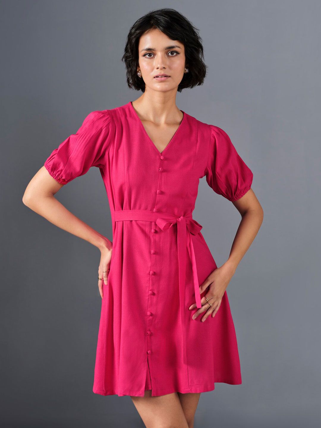 AND V-Neck Puff Sleeve A-Line Dress