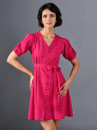 AND V-Neck Puff Sleeve A-Line Dress