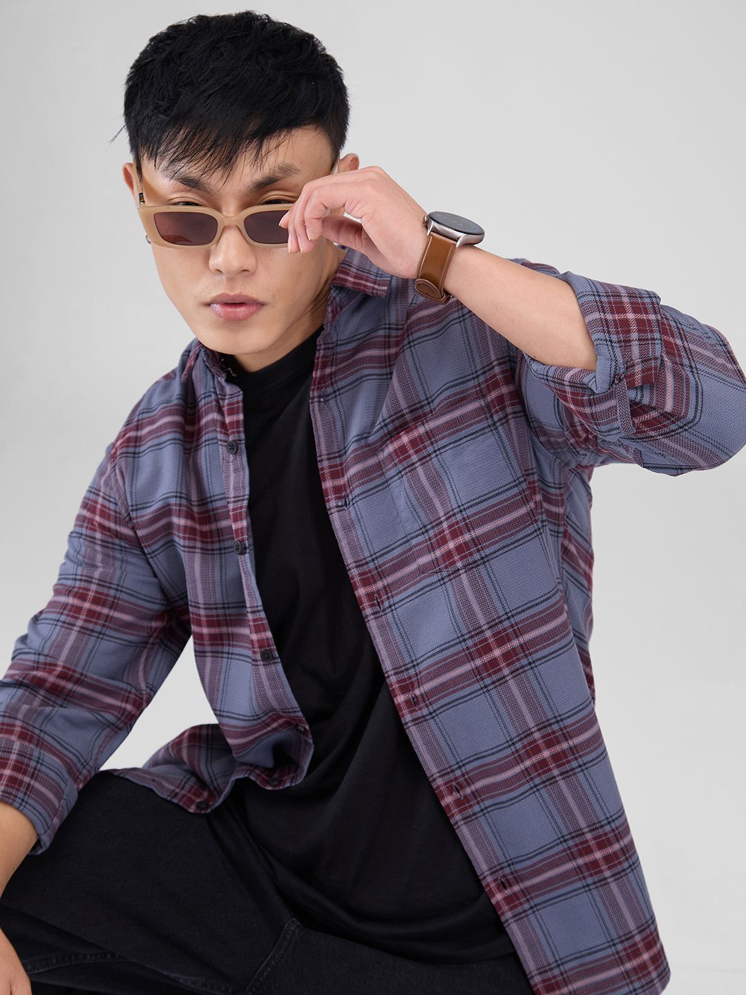 VASTRADO Men Classic Spread Collar Tartan Checked Cotton Slim Fit Casual Shirt
