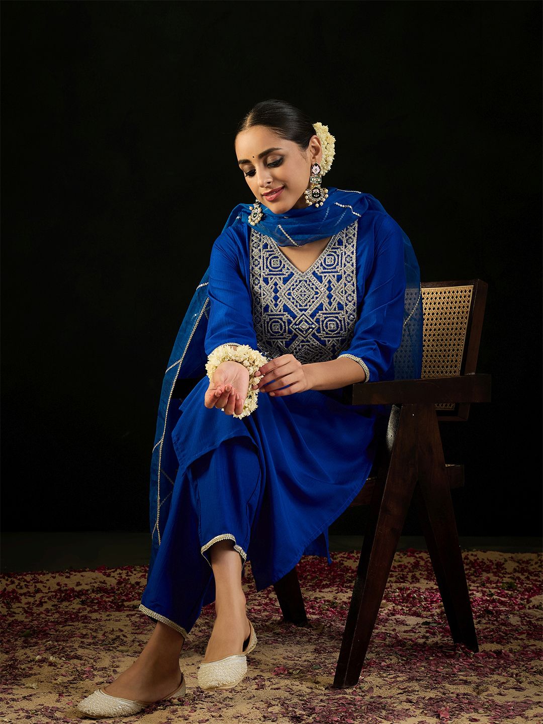 Indo Era V Neck Floral Yoke Design Zardozi Straight Kurta with Trouser & Dupatta