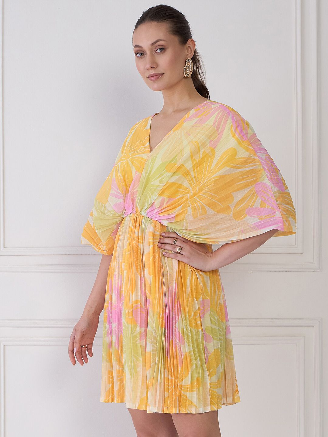 Antheaa Yellow & Pink Floral Print V-Neck Extended Sleeves Chiffon Fit & Flare Dress