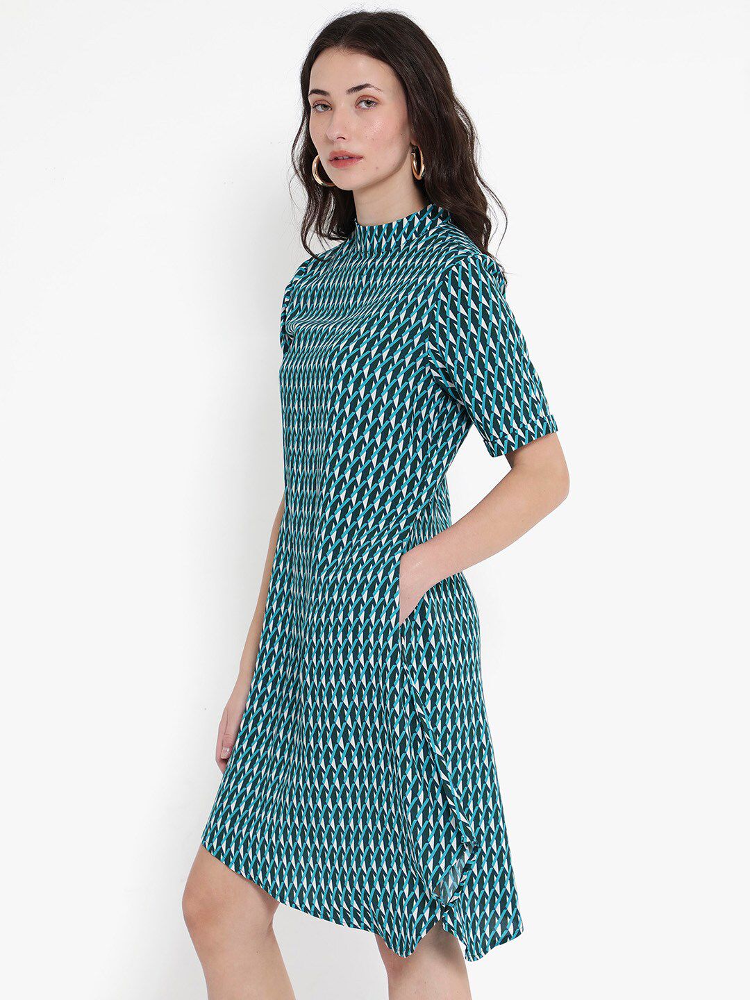 Rareism High Neck Printed Cotton A-Line Dress