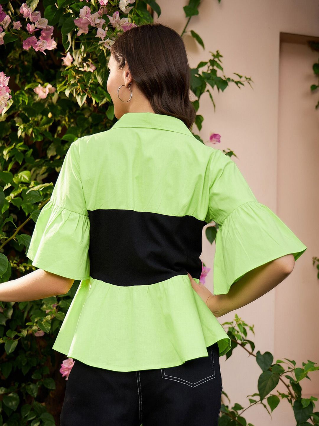 Athena Green & Black Colourblocked Pure Cotton Peplum Top