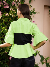 Athena Green & Black Colourblocked Pure Cotton Peplum Top