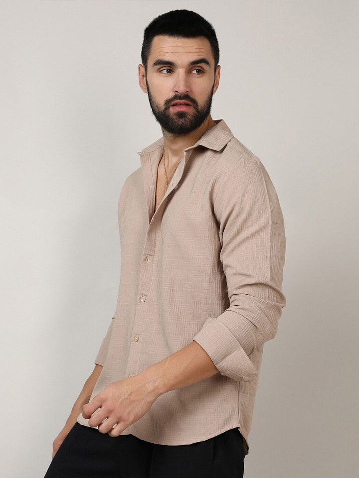 Campus Sutra Beige Classic Geometric Self Design Spread Collar Casual Shirt