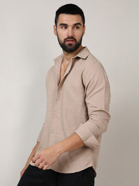 Campus Sutra Beige Classic Geometric Self Design Spread Collar Casual Shirt
