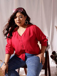 CURVY STREET Plus Size V-Neck Cuffed Sleeves Shirt Style Top