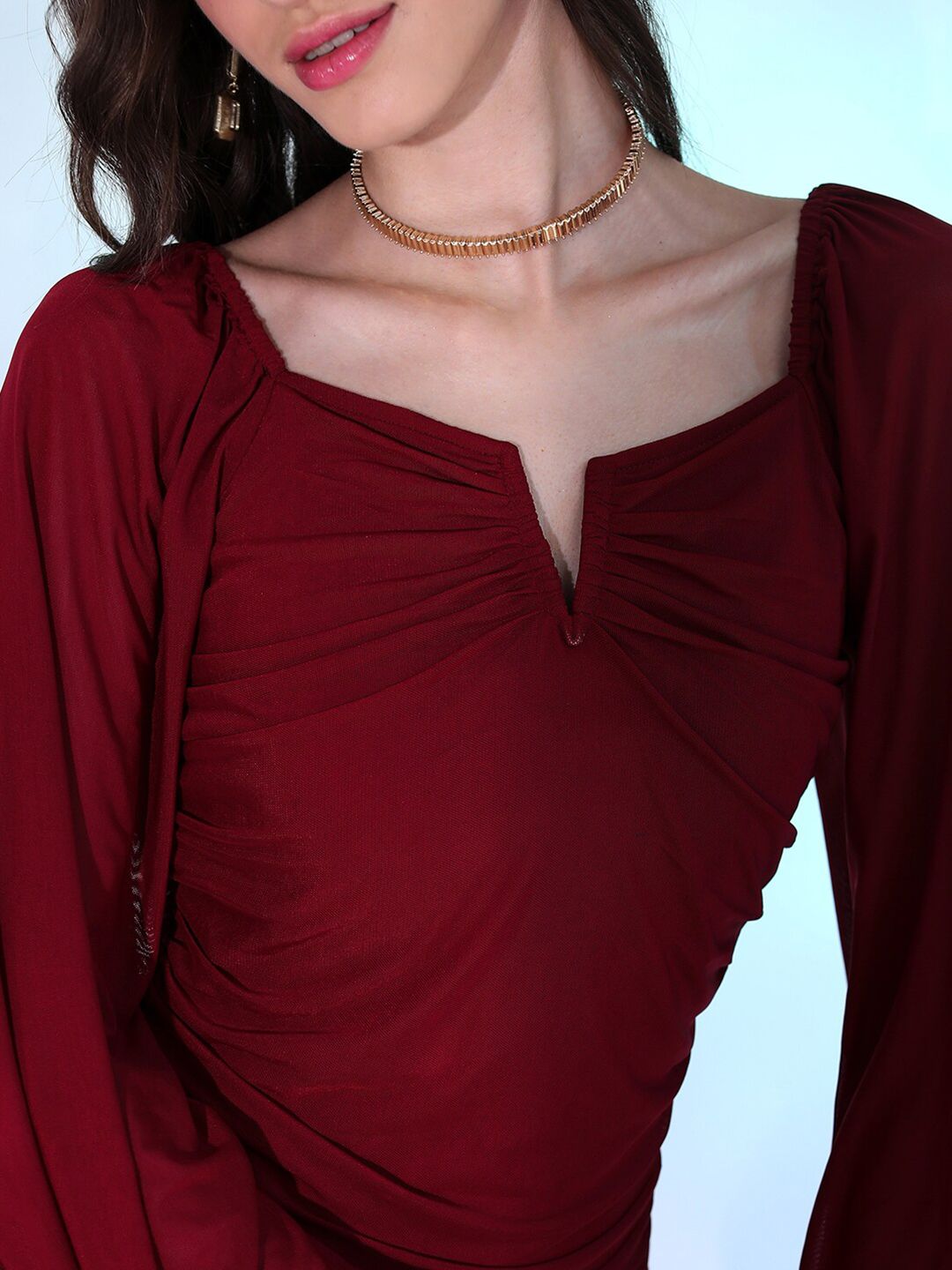 Tokyo Talkies Ruched Square Neck Long Puff Sleeve Bodycon Dress