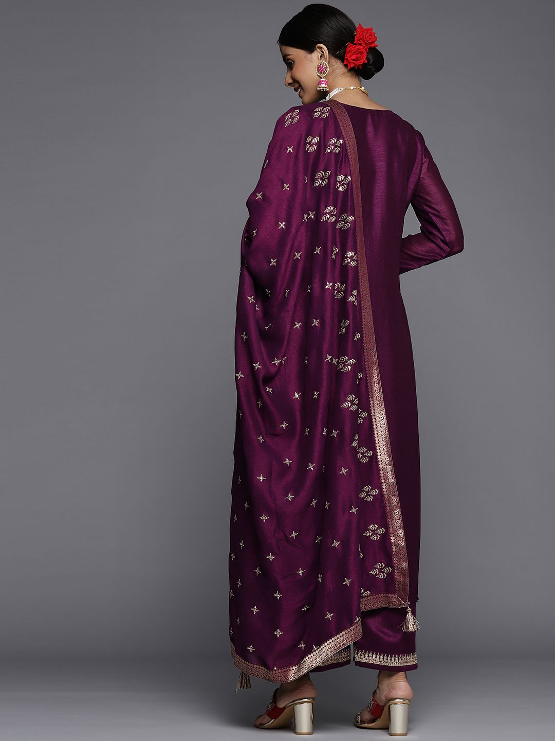 Libas Women Purple Floral Embroidered Sequinned Kurta  with Palazzos & Dupatta