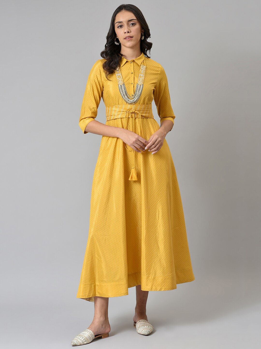 W Yellow Ethnic Motifs Tie-Up Neck Ethnic Midi Dress