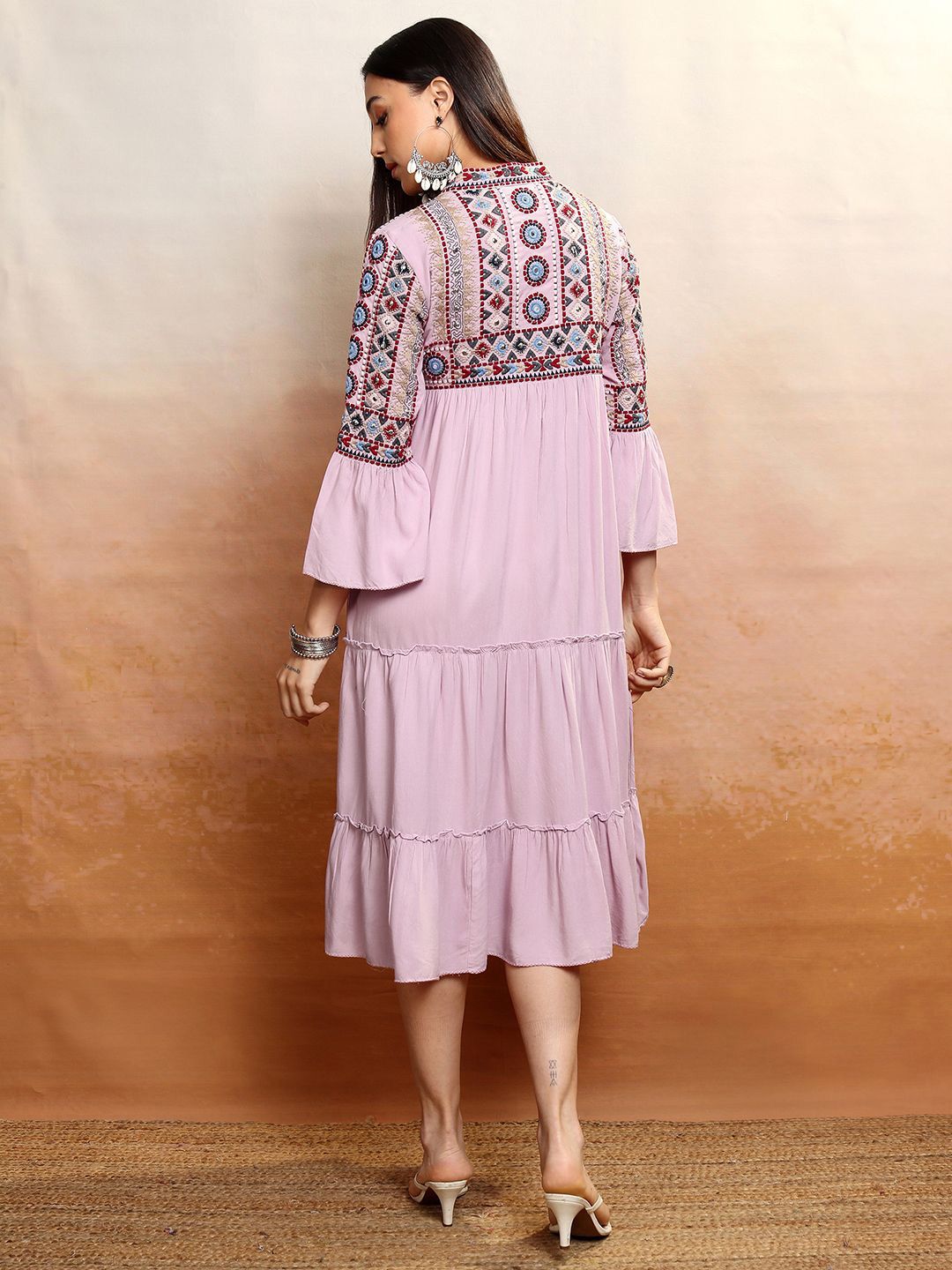 Vishudh Lavender Tie-Up Neck Embroidered Tiered Velvet Empire Midi Dress