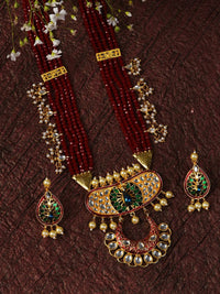 SOHI Gold-Plated White & Maroon Kundan-Studded & Pearl Beaded Jewellery Set