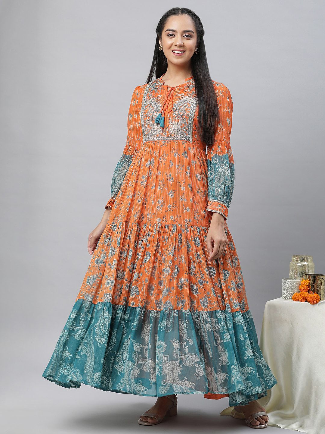 AURELIA Floral Printed Tie-Up Neck Cuffed Sleeves Tiered Detail Georgette Maxi Dress