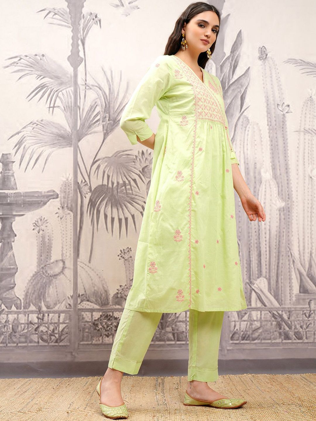 Vishudh Floral Embroidered Angrakha Thread Work Pure Cotton Kurta with Trousers & Dupatta