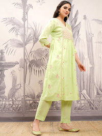 Vishudh Floral Embroidered Angrakha Thread Work Pure Cotton Kurta with Trousers & Dupatta