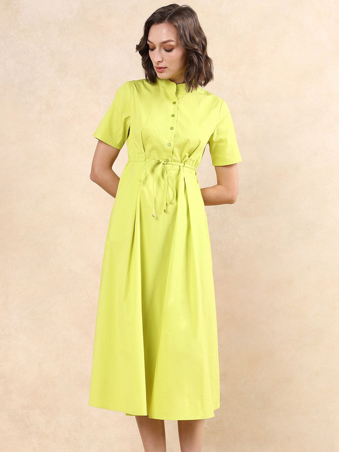 RAREISM Women Cotton Mock Neck Fit & Flare Midi Dress