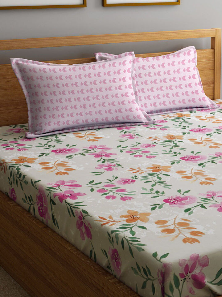 KLOTTHE Blue & Orange Printed 300TC Fitted Double King Bedsheet With 2 Pillow Covers
