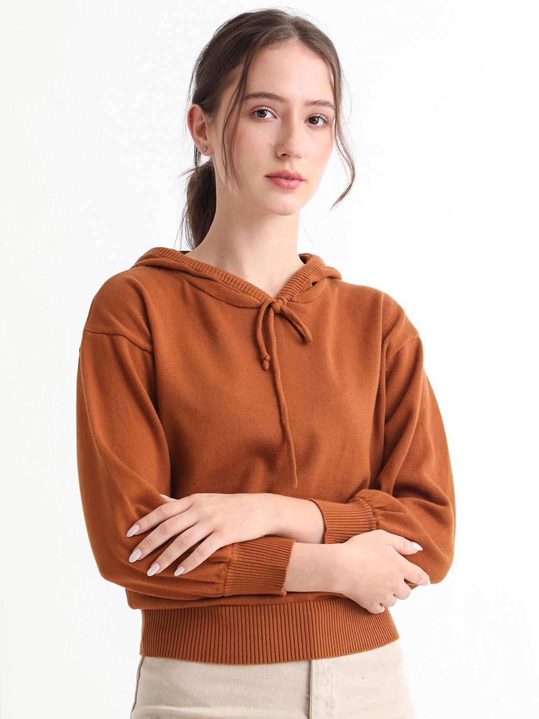 RAREISM Women Rust & Brown Crop Cotton Pullover