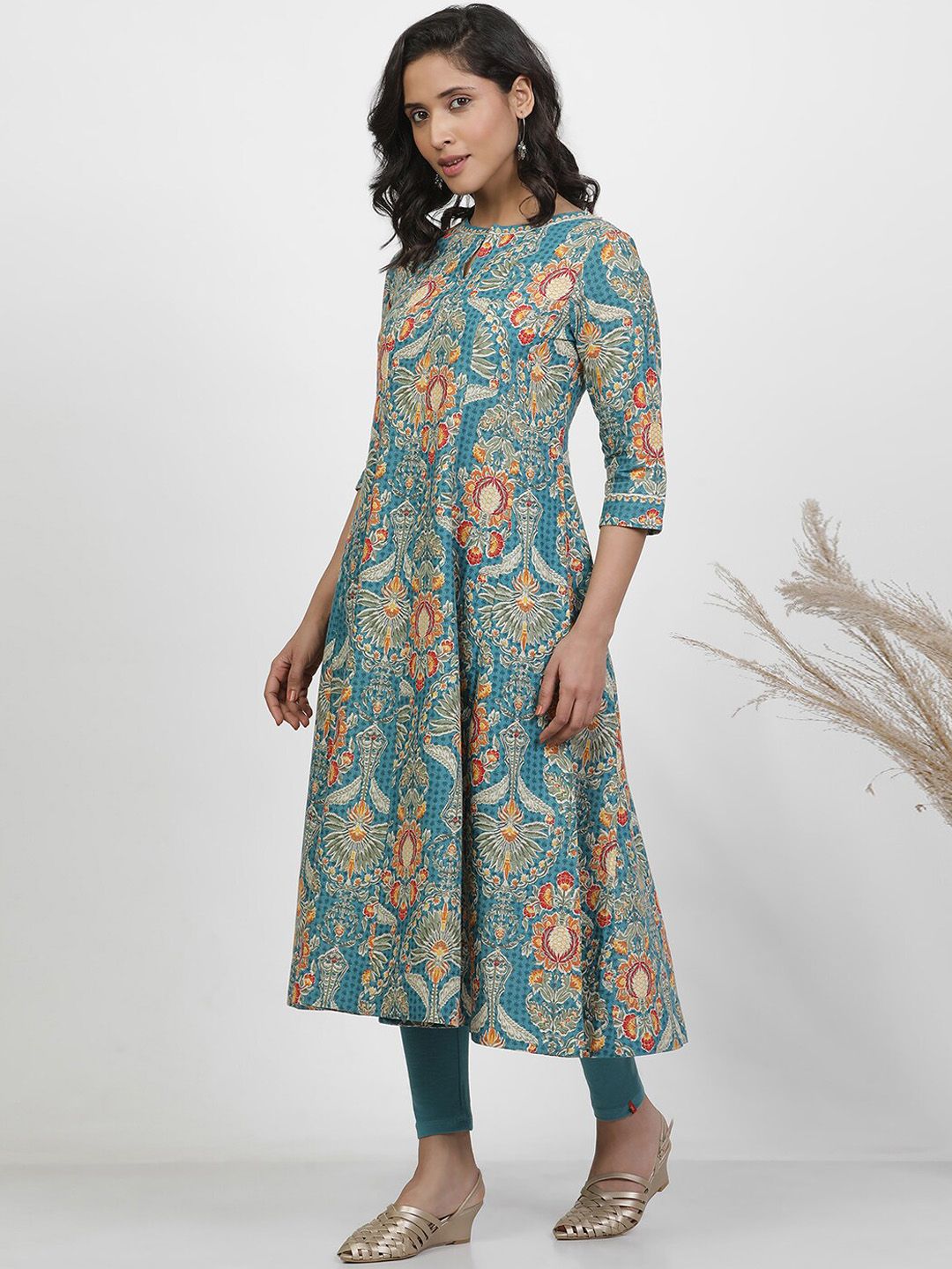 W Floral Printed Keyhole Neck Pure Cotton A-Line Kurta