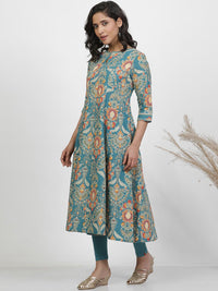W Floral Printed Keyhole Neck Pure Cotton A-Line Kurta