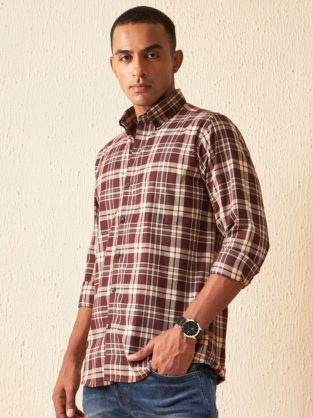 DENNISON Smart Tartan Checked Button-Down Collar Cotton Casual Shirt