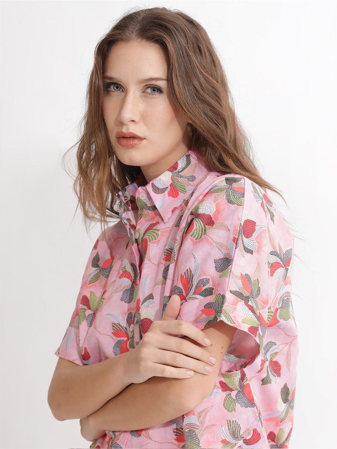 RAREISM Floral Printed Shirt Styled Cotton Top