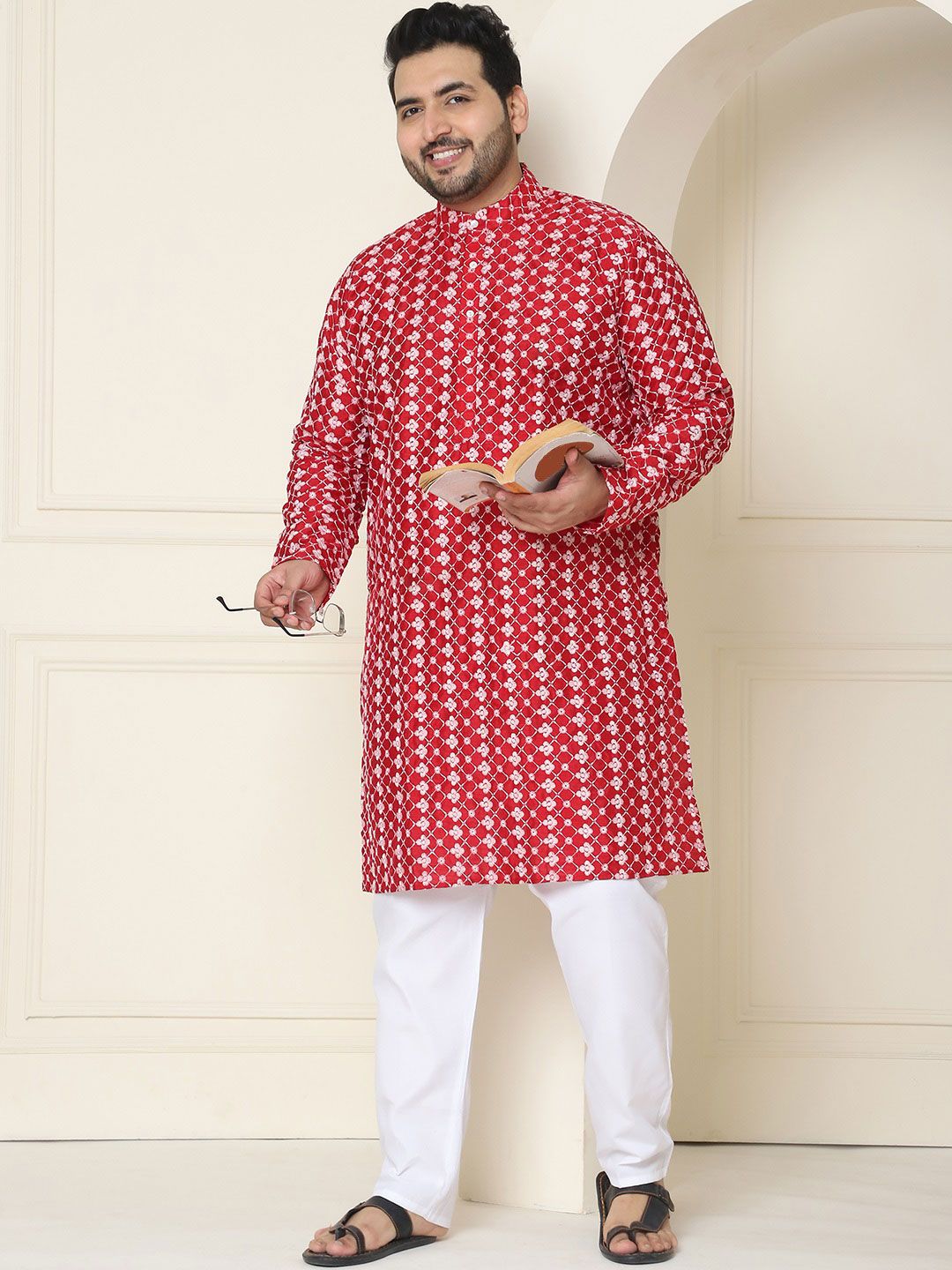 SOJANYA PLUS Floral Embroidered Band Collar Neck Long Sleeves Silk Straight Kurta