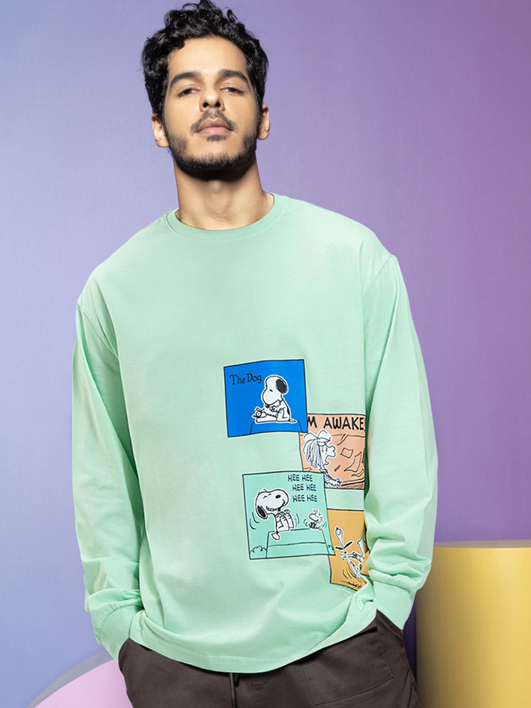 Bewakoof Official Peanuts Merchandise Snoopy Stripboard Printed Cotton Oversized T-shirt