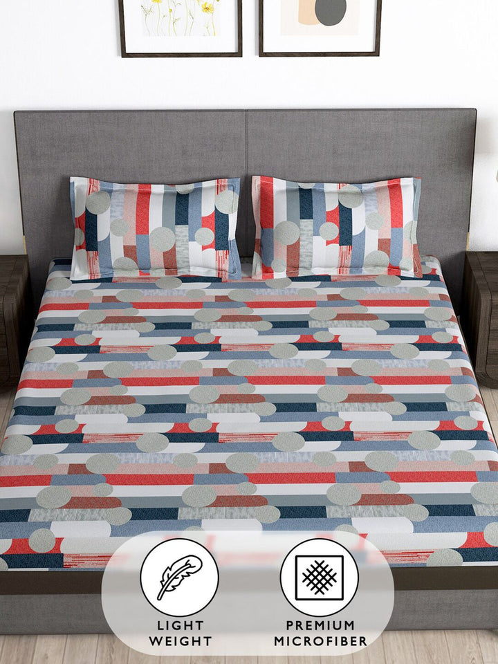 Story@home Grey & Red Geometric 180 TC Queen Bedsheet with 2 Pillow Covers